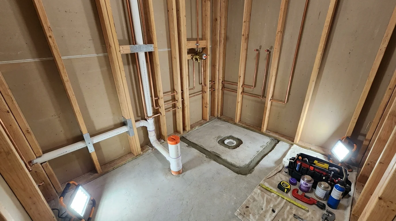 Bathroom rough-in plumbing during remodel by Johns Plumbing LLC in Knightsen