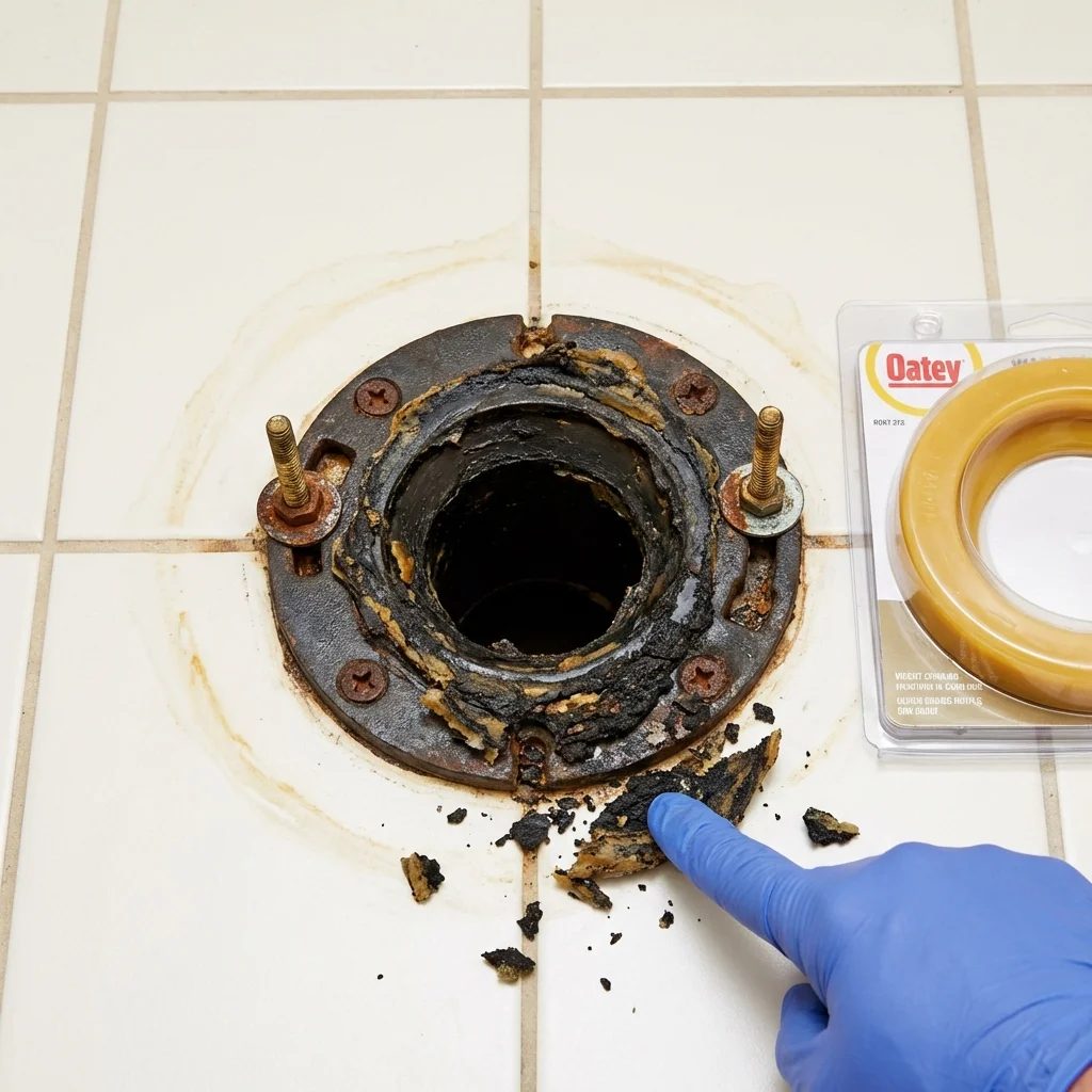 Failed wax ring showing water seepage at the base of a toilet in a Knightsen, CA home